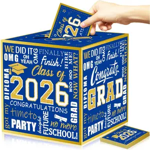 Blue and Gold 2026 Graduation Party Decorations, Graduation Card Box With 48pcs Grad Advice Cards, Class of 2026 Card Boxes for Grad Party