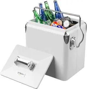 VINGLI 14qt Small Cooler Ice Chest, Beach Cooler, Insulated Portable Cooler, Retro Vintage Classic Style Hard Metal Cooler for Barbeques, Camping, Fishing and Picnics