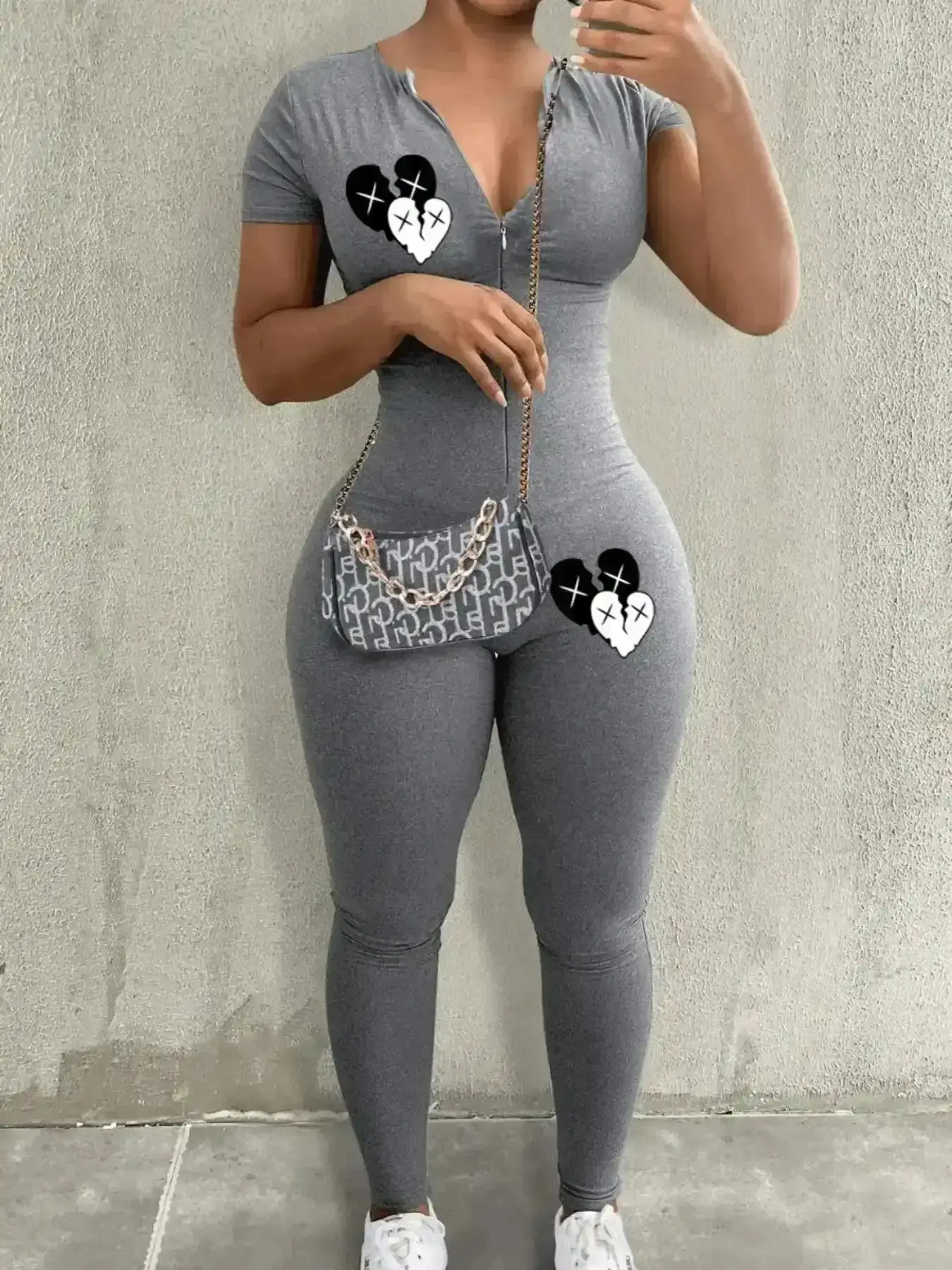 2026 Women's Heart Print Short Sleeve Jumpsuit, Casual Comfy Bodycon for Summer, Fashion Clothes Daily Wear, Loungewear, Cozy, Figure Flattering, Waist Cinching, One Piece, Adjustable, Wardrobe Essential