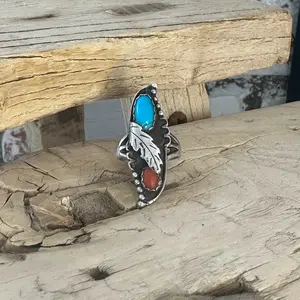 Size 6.5 Vintage Navajo Turquoise Coral Ring