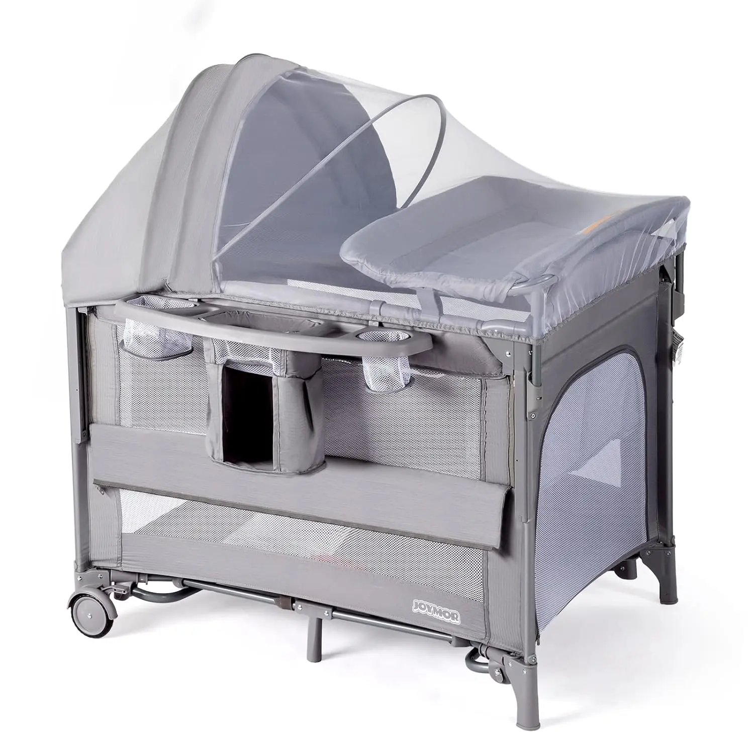 JOYMOR 9 in 1 Bedside Bassinet with Changing Table, Pack and Play with Bassinet, Convert to Rocking Baby Bed with Electric Music Center, Mosquito Net, Toy, Storage