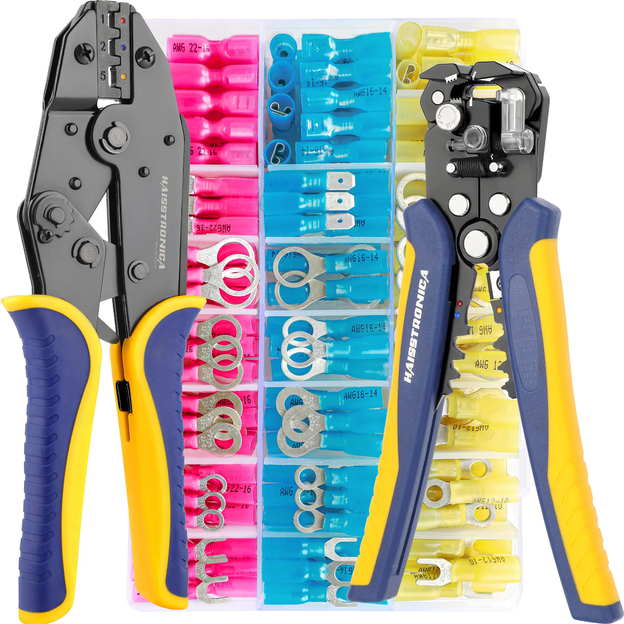 Haisstronica Ratchet Crimping Tool Kit, 22-10 AWG Marine Grade Heat Shrink Wire Connectors, Crimper-Wire Stripper with Cutting & Insulated Features for Wiring Lovers