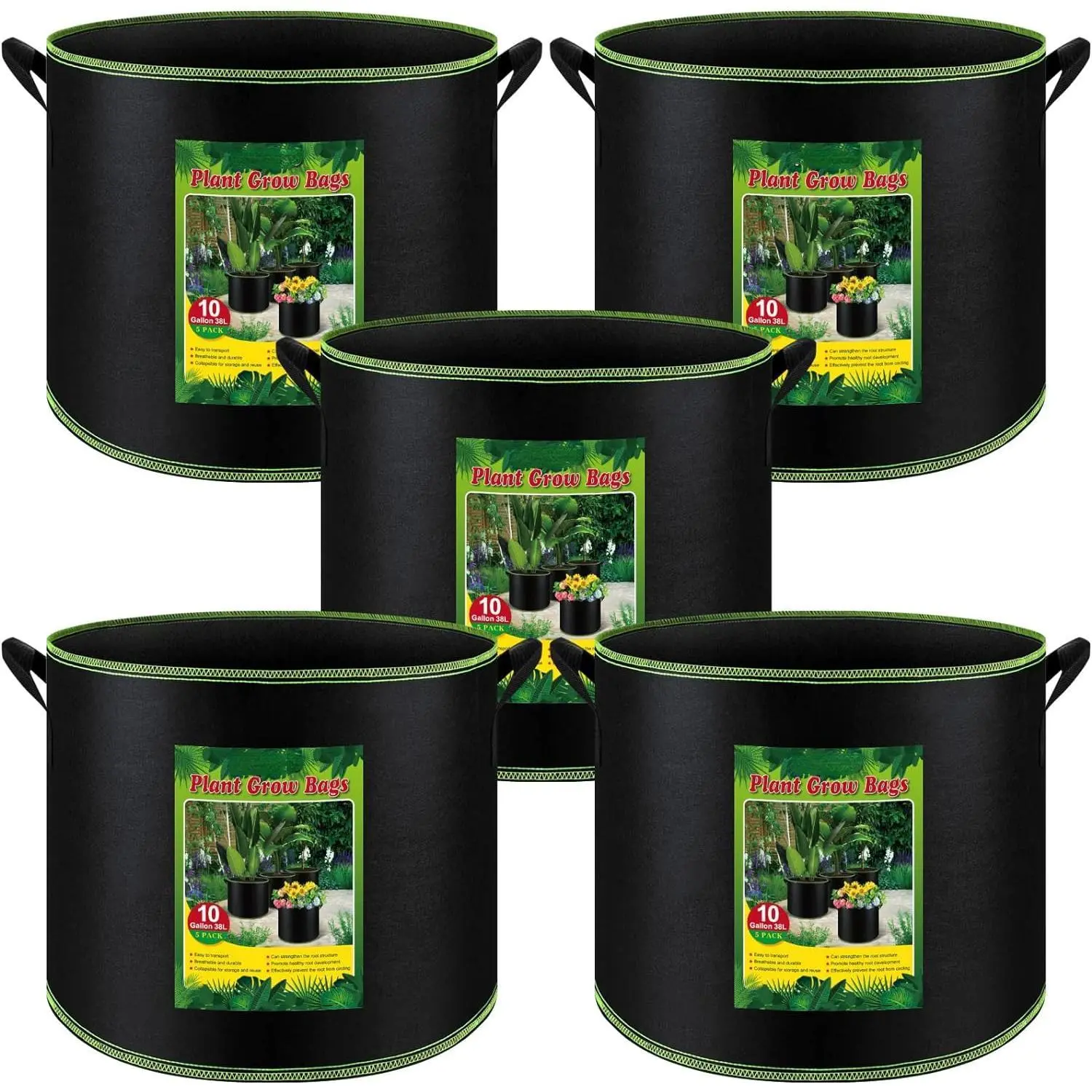 5 Pack 10 Gallon Grow Bags Heavy Duty Aeration Fabric Pots Plant Grow Bags with Handles Thickened Nonwoven Fabric Pots for Vegetable Fruits Flowers PlantOutdoorfun