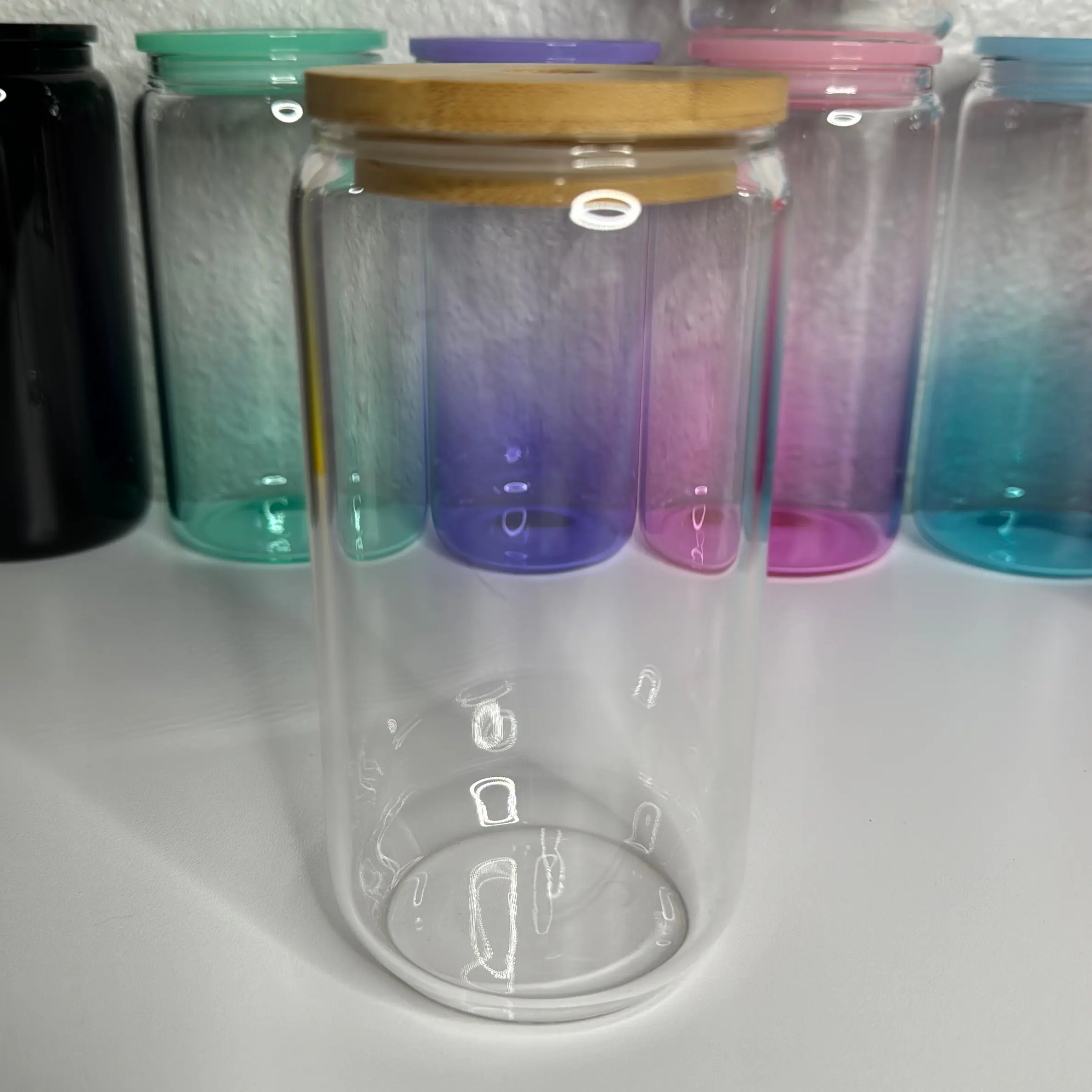 16oz Clear Glass Can with bamboo lid