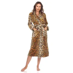 212 MAIN Women's Leopard Print Midi-Length Belted Robe - Long Sleeve, All Seasons Soft Cozy Loungewear, Adjustable Self-Tie Belt, Side Pockets, Brown, 2XL-3XL Sizes (PS097-05) Women's Clothes