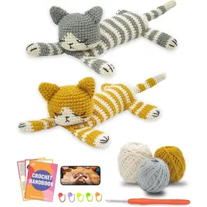Crochet Kit for Beginners – DIY Sleeping Cat Amigurumi Crochet Project Kit with Step-by-Step Video Tutorial, Complete Materials and Beginner Handbook