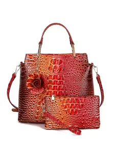 2pcs/Set Crocodile Embossed Tote Bag & Pouch, Gradient Red-Orange Satchel with Flower Charm, Detachable Strap Crossbody Shoulder Bag for Women