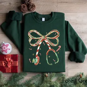 Gildan Candy Cane Stethoscope Sweatshirt, Nurse Christmas Bow Sweater, Festive Holiday Medical , Healthcare Workers Sweater, Xmas Gift for Nurses