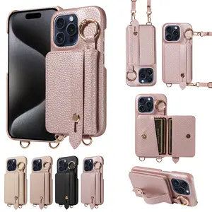 Phone Ring Stand Wrist Strap Leather Case for iPhone Litchi Pattern Card Holder Business Style