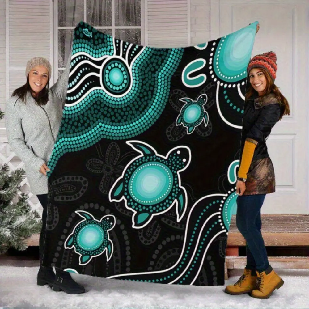 Sea Turtle Blanket, Turquoise Turtle Throw Blanket with Aboriginal Dot Art Design, Ocean Wave Fleece Blanket for Couch Sofa Bed, Boho Coastal Home Decor, Beach House Decoration, Nature Lover Gift, Cozy Soft Blanket