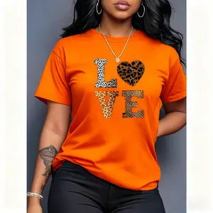 100% Cotton Women's Orange T - Shirt "LOVE" Animal Print Graphic Tee Romantic And Trendy Top With 5 Colors Available For Casual Daily Wear Outings And Fashion - Forward Style Statements