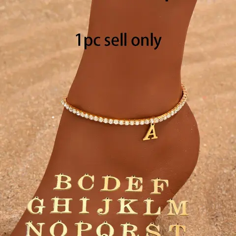 Letter Detail Anklet for Women & Girls, Rhinestone Decorated Foot Jewelry for Beach Party Vacation, Trendy All-match Alloy Jewelry for Birthday Gift, Initial Anklet, Fashionable Jewelry Accessories, Fashionable Accessory