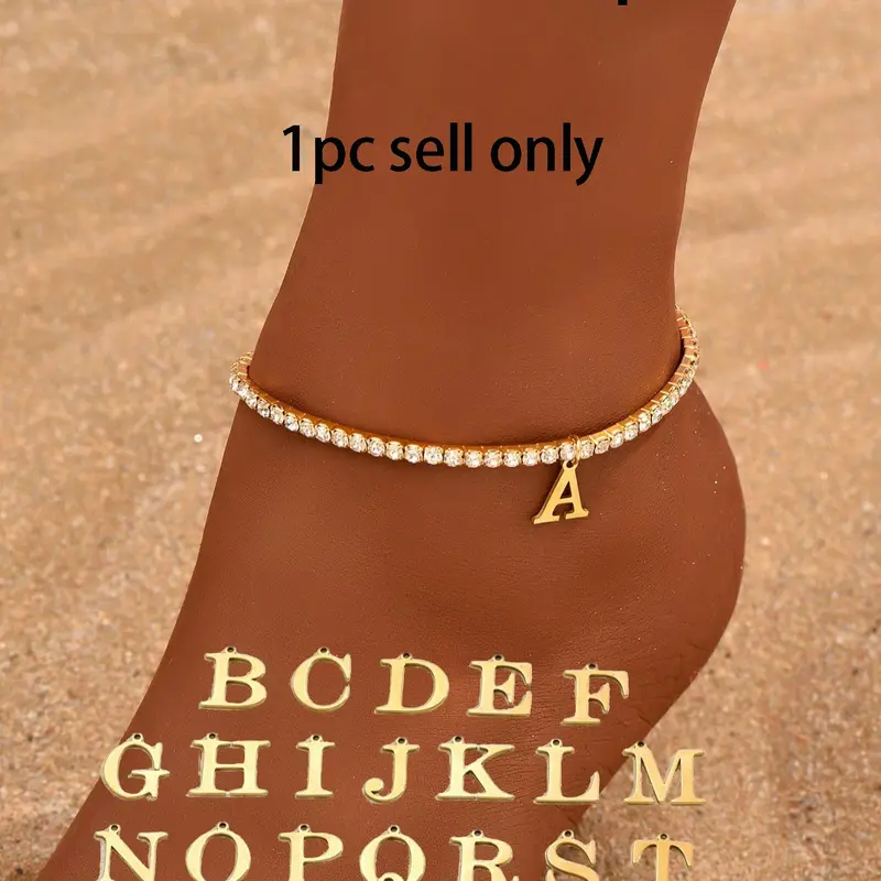 Letter Detail Anklet for Women & Girls, Rhinestone Decorated Foot Jewelry for Beach Party Vacation, Trendy All-match Alloy Jewelry for Birthday Gift, Initial Anklet, Fashionable Jewelry Accessories, Fashionable Accessory
