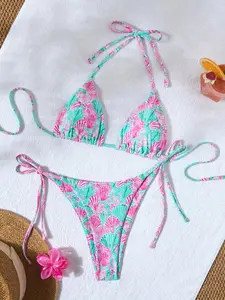 Two-piece Set Women's Shell Print Bikini Set, Casual Fashion Chic Triangle Swim Bra & Tie Side Swim Panty, Bikinis Sets, Ladies Swimsuit for Beach Holiday Vacation, Tie Back Bikinis, Bikini Outfits