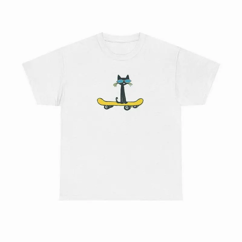 Women's Cotton Short-Sleeve Fitted T-Shirt - Casual Round Neck Top, Pete The Cat On Skateboard Graphic, Christmas Occasion Wear (Do Not Dry Clean), Shortsleeve, Tshirt