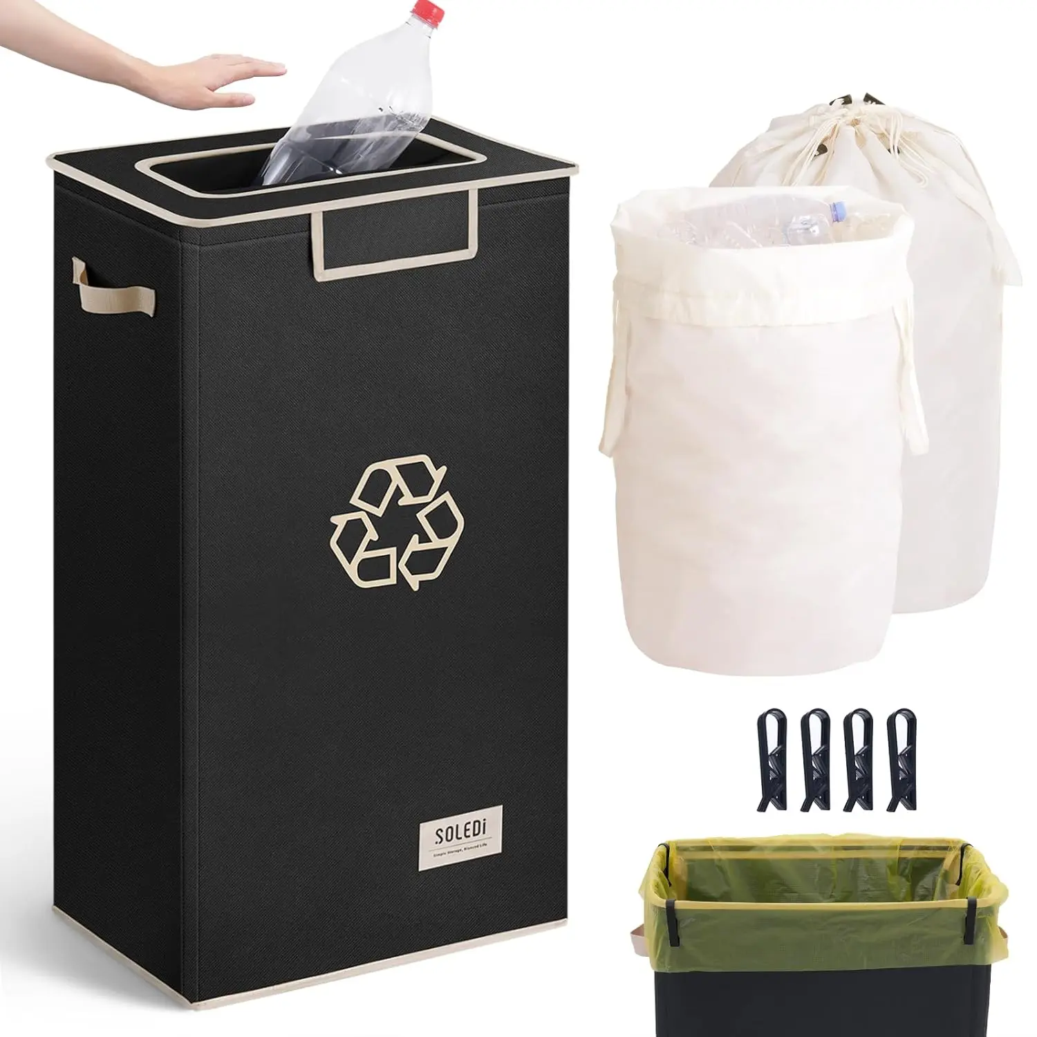 SOLEDI 26 Gallon Recycle Bin with Lid & 2 Removable Reusable Inner Bags for Kitchen Indoor Recycling Trash Can for Bottles Cans & Plastic Black Compact Water Proof trash cans for kitchen household items Waterproof Cabinet trash cans for kitchen trash can