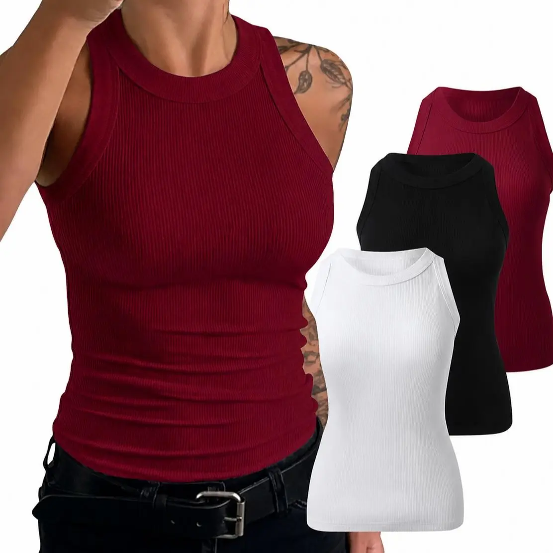 3/6 Pieces Women’s Tank Tops – Sleeveless Basic Camisole Shirts, Slim Fit, Knitted, Ribbed, Racerback Blouses sleek,  thick ribbed tank top summervibes,spaghetti,back to school,back to school shopping clothing summer all-season design Crewneck Breathable
