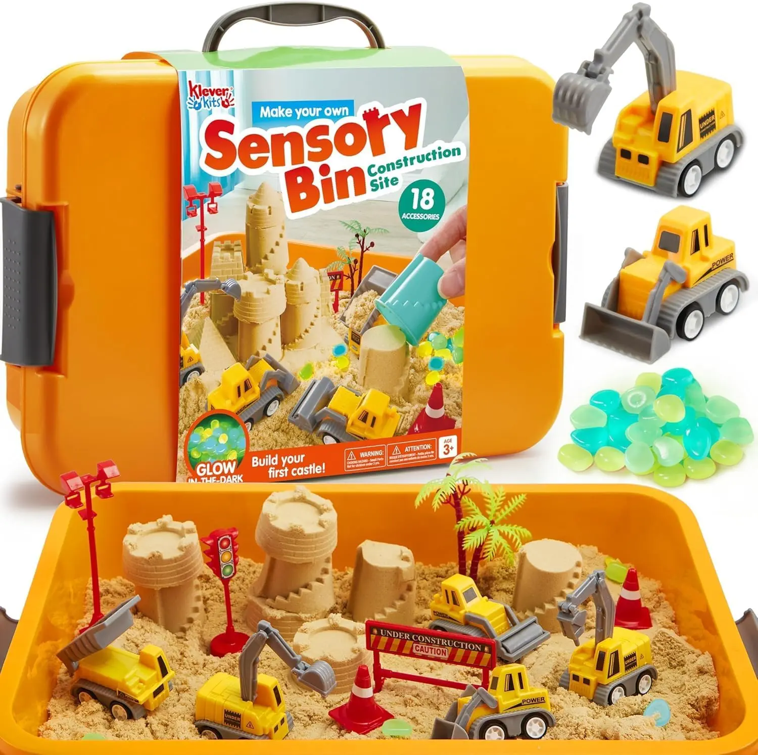 Klever Kits Construction Sensory Bin for Toddlers with Glow in The Dark Stones, Sandbox with Lid Castle Building kit, Preschool Learning Activities Gifts for Boys Girls Age 3+