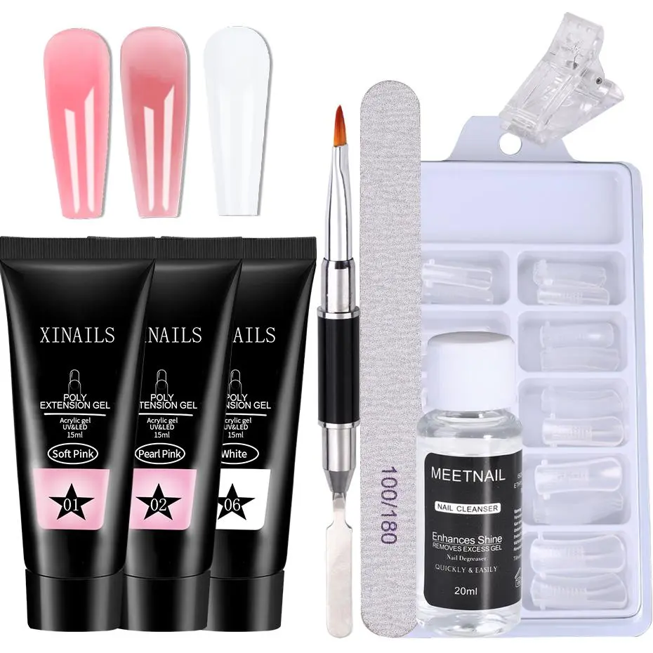 Beginner Extension Nails Gel Kit Nude Color Quick Building Complete Tools Crystal Clip Brush Form Set Manicure Prolong Supplies