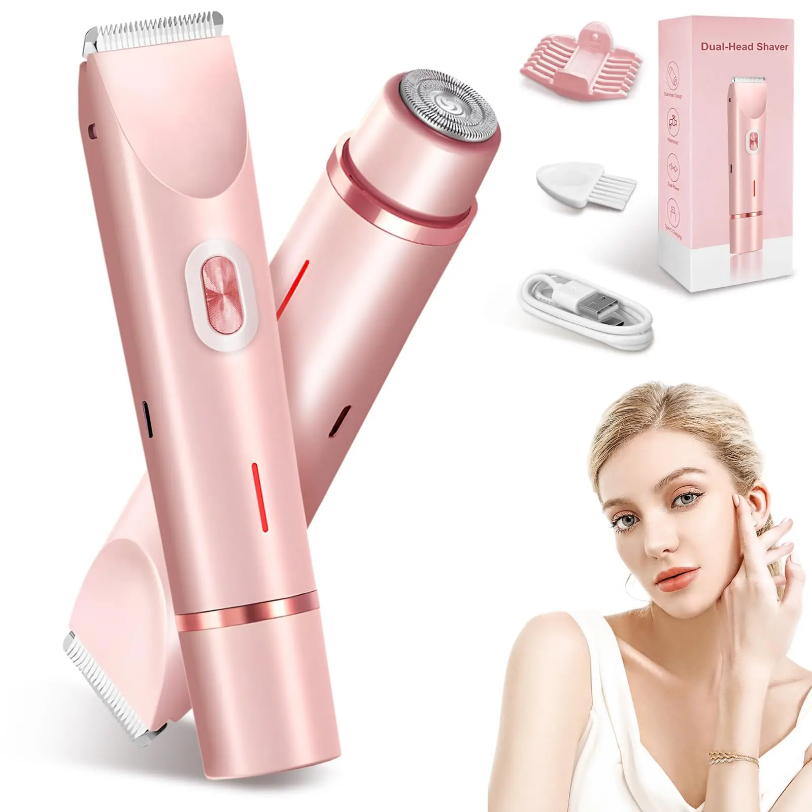Bikini Trimmer for Women, Dual-Head Electric Body Hair Trimmer for Sensitive Areas, IP67 Waterproof Rinsable, USB-C Rechargeable Groomer for Bikini Line, Underarms, Legs & Face, Soft Pink