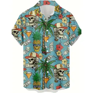 Men's Tropical Skull Hawaiian Shirt - 3D Printed Pineapple, Cocktail and Cash Pattern, Short Sleeve Button Neck, Lightweight Summer Beach Party Wear, Hip Hop Rock Style, Casual Streetwear, Brightly Printed Top, Comfortable Fit