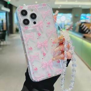 Cute Bowknot Pattern Protective Phone Case with Beaded Lanyard, Decorative Phone Protector Cover, Phone Accessories Compatible with iPhone