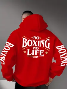Men's Trendy Print Hoodie, No Boxing No Life Design, Loose Fit Casual Sweatshirt, Front Pocket, Fall Winter Wear