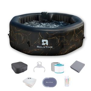 Relxtime Modern Exterior 4-6 Person Octagonal Black Gold Inflatable Water Hot Tub, Portable Outdoor Spa with 130 Soothing Bubble Jets, Insulated Cover, 2 Filter Cartridges - HJD6001 Father's Day Gift