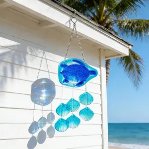 Blue Sea Turtle Wind Chime For Outdoor Decor-Coastal Vibe Home Decor with 1 Large Turtle and 6 Lucky Small Shells windchimes for Outdoors and Indoor Garden Yard Patio