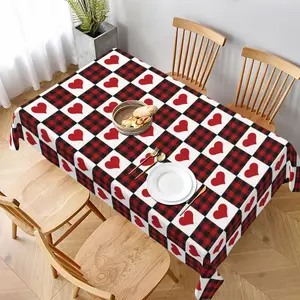 Valentine's Day Heart Buffalo Plaid Tablecloth Waterproof Polyester Red and Black Heart Pattern for Wedding Anniversary Party Home Dining Decoration