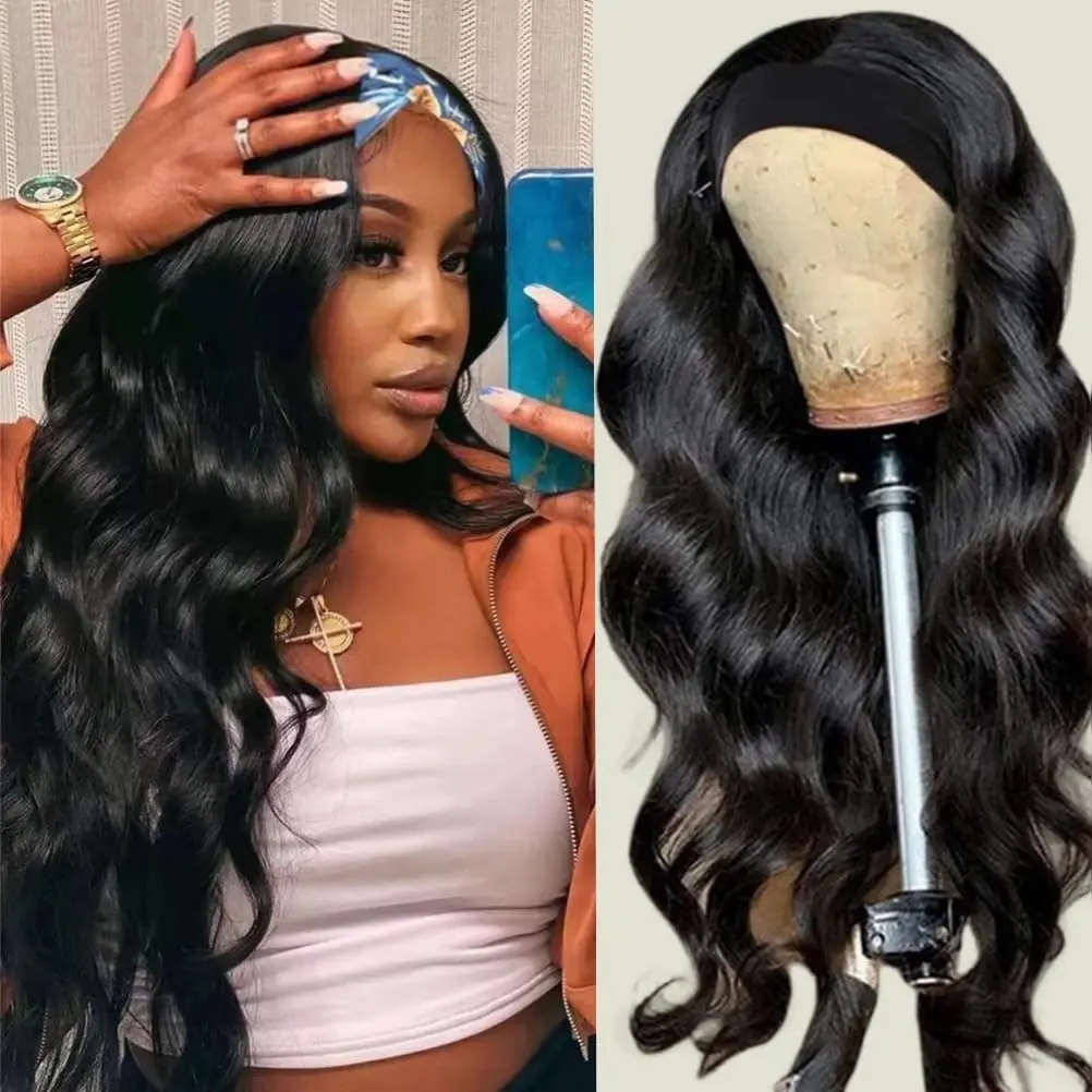 Headband Wig Human Hair HeadBand Body Wave Wig 100% Brazilian Raw Human Hair Wear and Go Glueless Half Wigs Machine Made Natural Color half wig curly hair,half up half down wig,half wigs for black women,Headband Wig Curly Hair