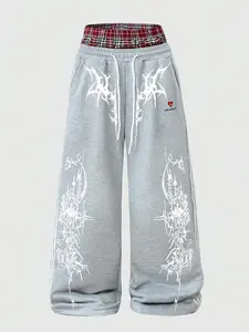 Casual Hip-Hop Loose-Fitting Straight Pants for Women, Double Layer Tartan Waistband, Adjustable Drawstring for Daily and Outdoor Wear