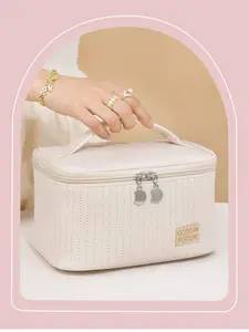 Cream Cake Makeup Bag with Brush Holder, High-Quality PU Leather Cosmetic Organizer, Neutral Tone, Large Capacity Travel Kit