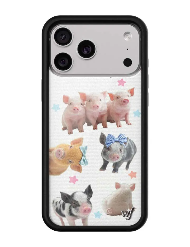 Little Piggies | Limited Edition Trendy Collab iPhone Case | Raised Protective Black Bumper | Women Owned Small Business | Pink and Brown and Black and White Piggies with Bows and Stars | Safety Casing Protective | Gift for Her