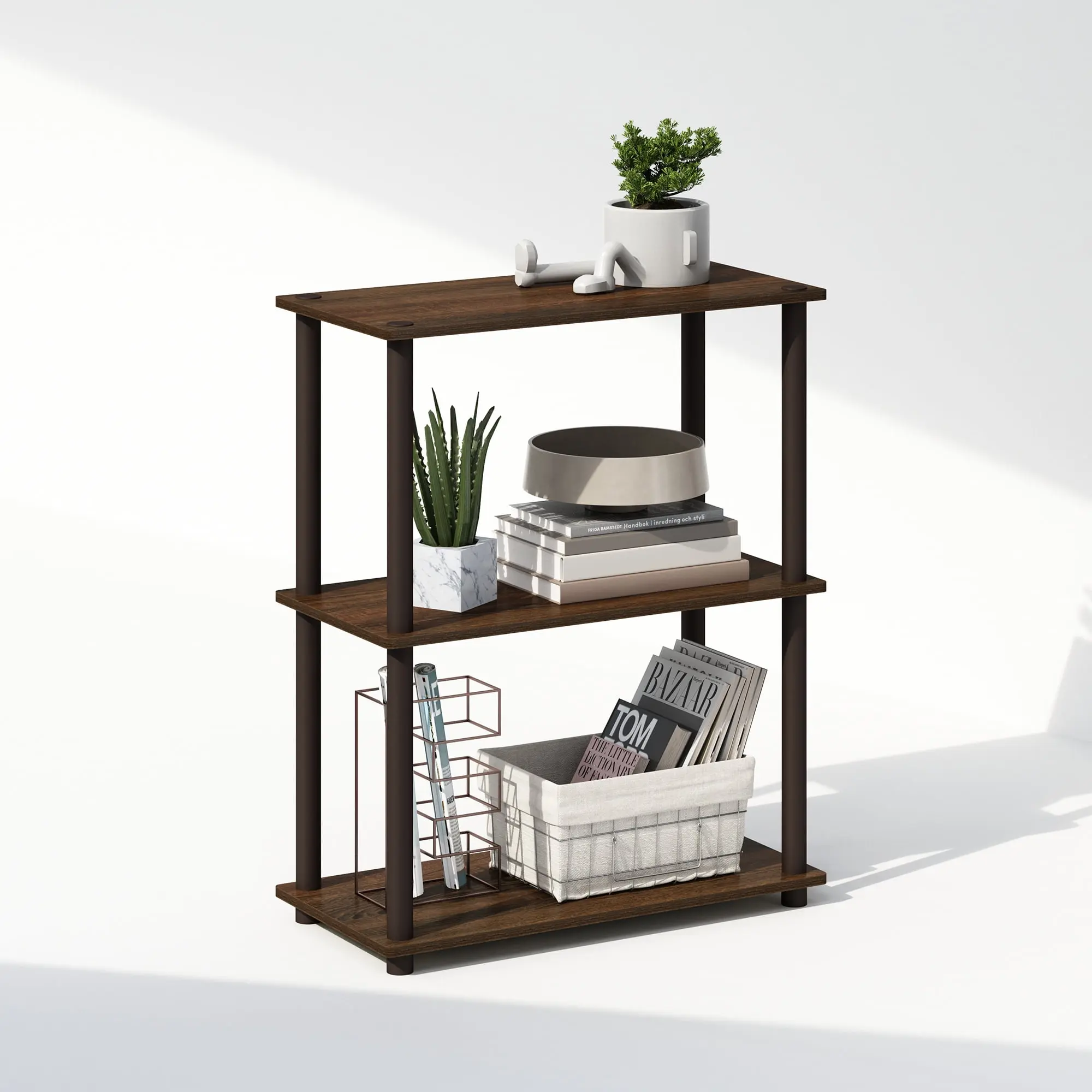Furinno Turn-N-Tube 3-Tier Multipurpose Compact Display Rack, Shelving Unit, Bookcase, Sonoma Oak/White