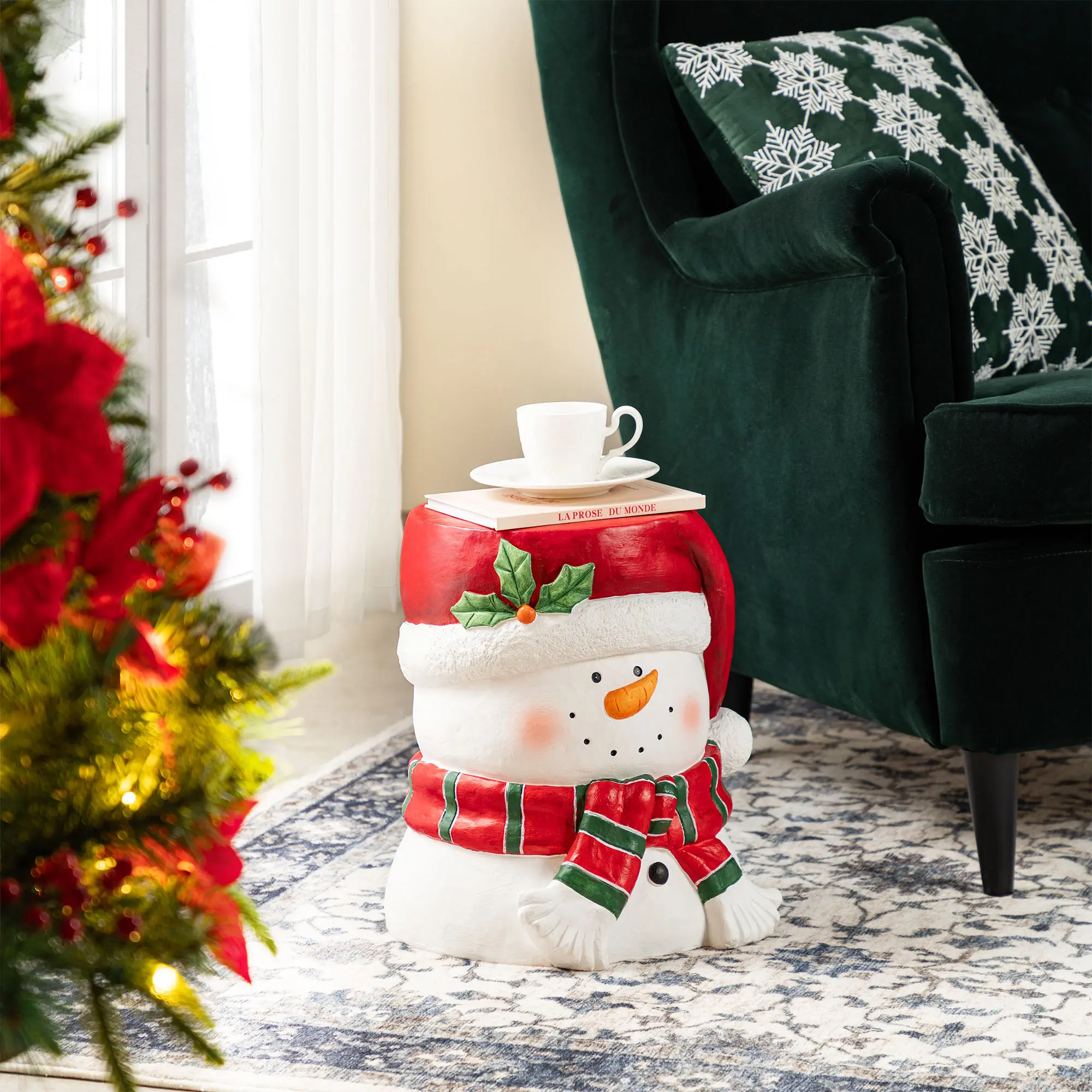 Glitzhome 14.25"H Christmas MGO Snowman Decor Figure - Floor Mount Stool or Accent Table with Hat, Carrot Nose, Functional Holiday Decoration