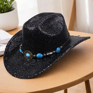 Women s Rhinestone Embellished Cowgirl Hat Sparkling Sequins Wide Brim Western Hat for Nightclub Events and Parties