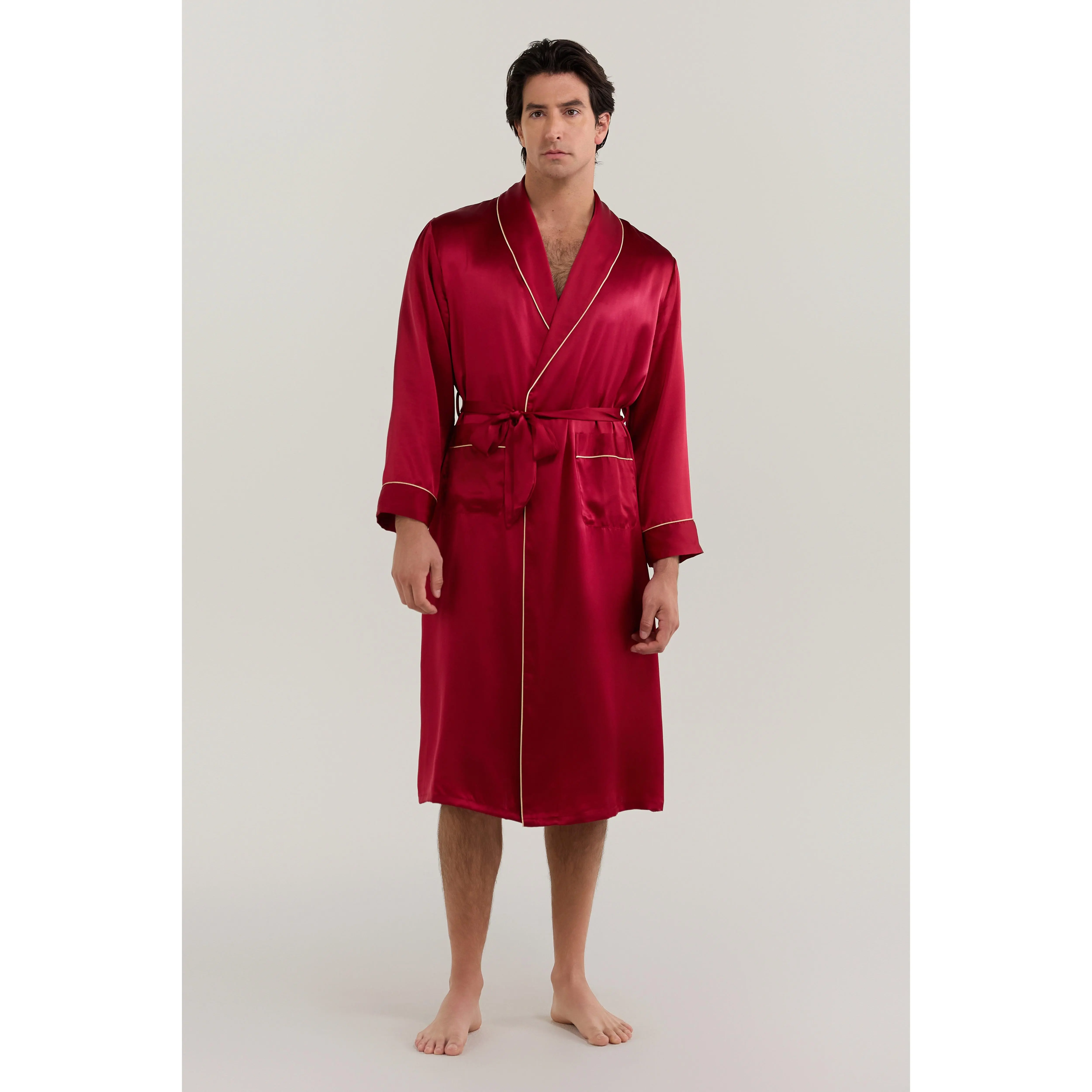 Men’s Pure Silk Robe In Burgundy Red