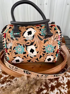 Hand Painted Tooled Leather Speedy Bag Medium – Western Playing Card Purse with Floral Carving, Dice Design & Crossbody Strap