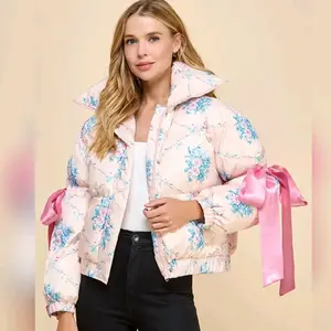 Puffer Pink Jacket With Elbow String Bow Knot Women's Long Sleeve Fitted Winter Black Bow Knot Jacket for Casual Wear