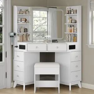 FUSOU Music Corner Vanity Desk with Bluetooth Speaker, [Shipping by 2 Packages] ,Vanity with Mirror and Lights, Modern Makeup Vanity with Glass Top,  8 Drawers & 6 Shelves, 3 Color Lighting Modes, Dressing Table with Chair for Bedroom, White,SummerVibe