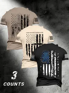3-Pack Vintage Men's Flag Print T-Shirts, Street Style, Loose Fit, Breathable, Summer Fashion, Short Sleeve, Casual Wear