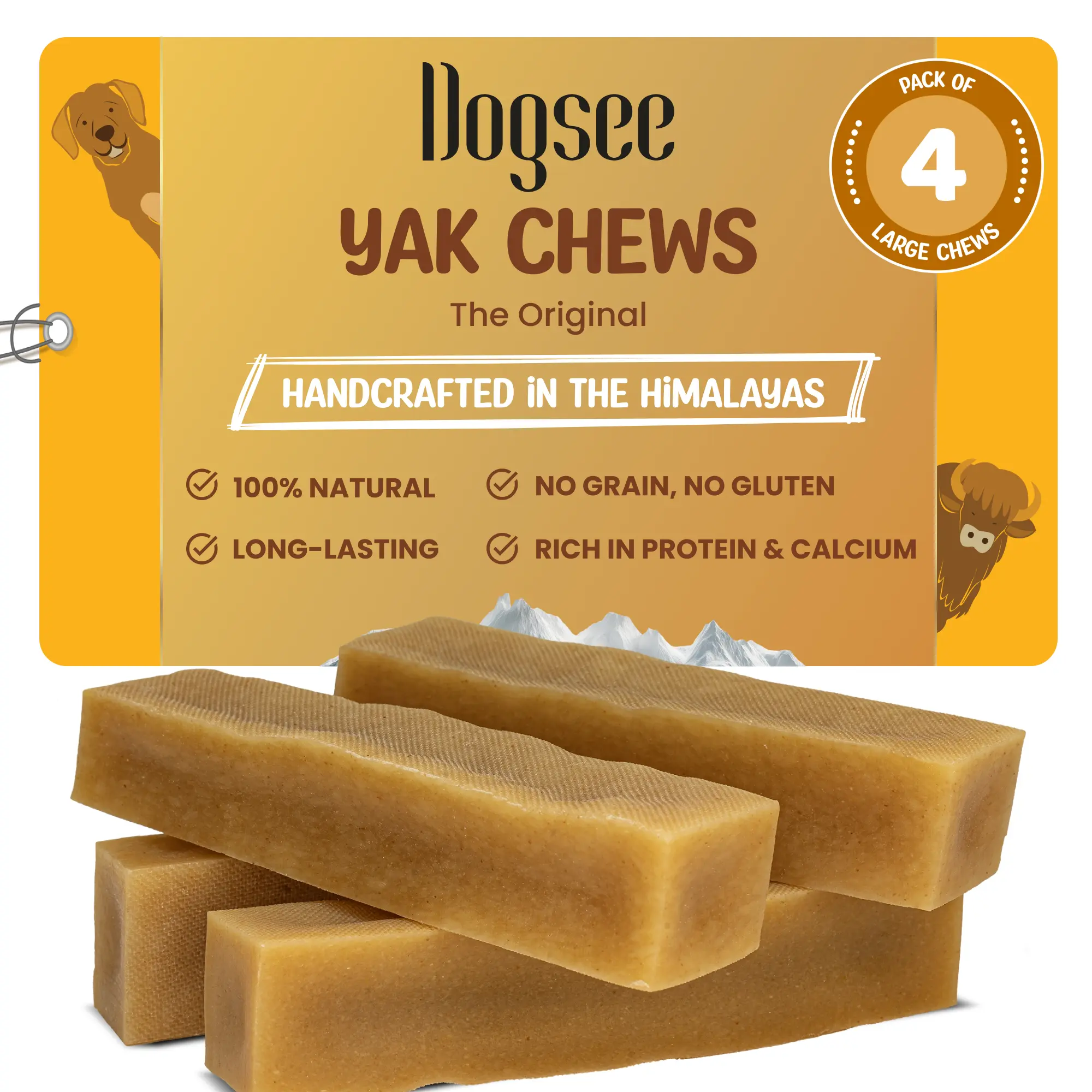 Dogsee Original Yak Cheese Himalayan Yak Chews 1lb (Large - 4 Bars) | 100% All Natural | Dog Treats Large Breed | Dog Chews Long Lasting for Aggressive Chewers | High Protein Dental Sticks