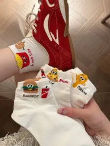 5 Pairs Cute Style Cartoon Burger French Fries Pizza Pattern Socks, Fun Comfortable Fit Sports Socks, Soft Breathable Sweat-Absorbing Casual Women's Short Socks