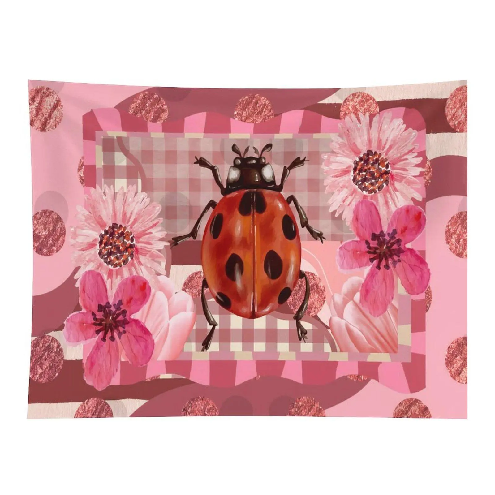 Cute Ladybug Collage Tapestry Pink Floral Plaid Patchwork Design Sweet Girly Aesthetic Wall Hanging Bedroom Decor