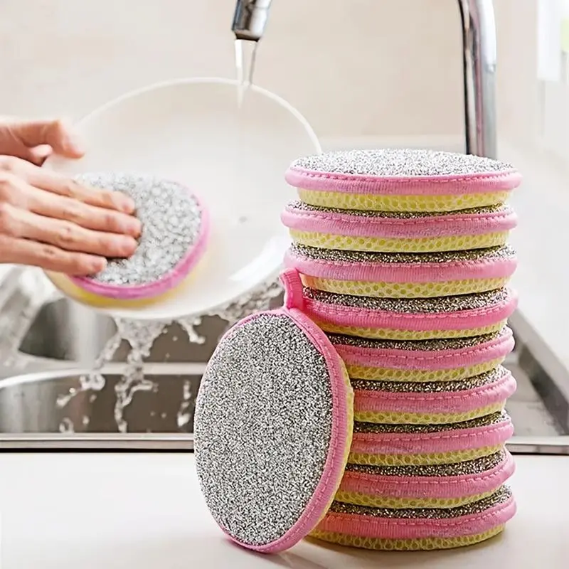 Double Sided Dishwashing Sponge, Round Dishwashing Sponge, Household Cleaning Sponge for Kitchen, Bathroom, Home Care Supplies, Dual Sided Sponge