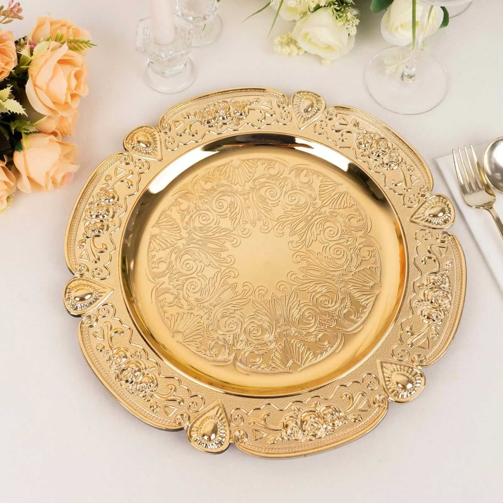 6-Pack Acrylic Charger Plates 13" Round Gold Floral Embossed with Scalloped Rim - Plastic Decorative Charger Tableware