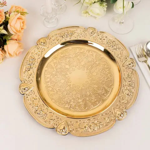 Glam Gold Embossed Floral Acrylic Plastic Charger Plate Sets - 6-Pack 13 in Large Round Scalloped Rim Luxury Plates, Floral Accents Tableware for Weddings, Celebrations, Non-Microwave-Safe