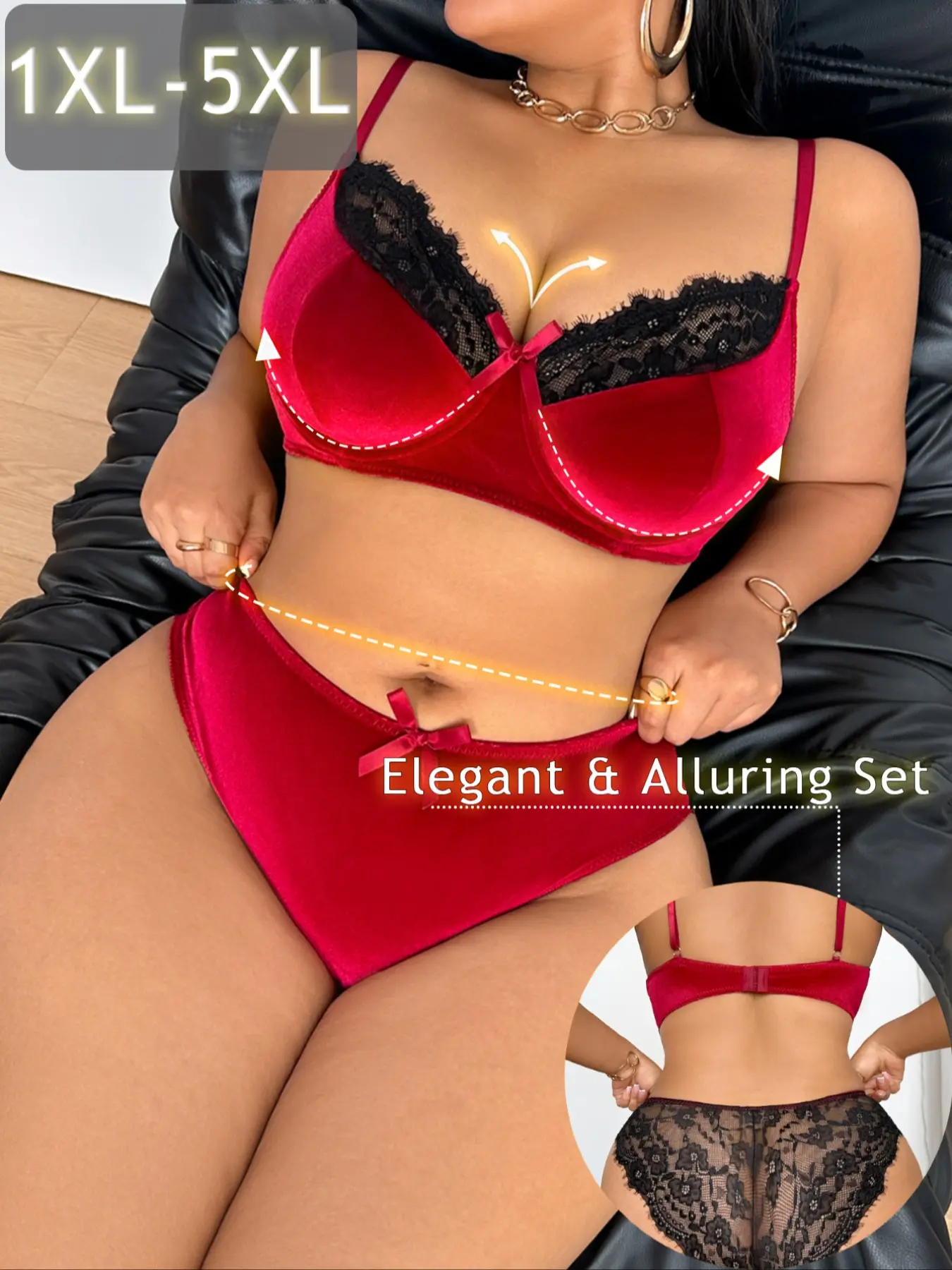Women's Plus Size Curvy Lace Trim Patchwork Velvet Lingerie Underwear Piece Set, Body Envy Sets, Comfortable Daily Wear, Fashion Elegant Clothing, Max Support, Fitted, Unlined
