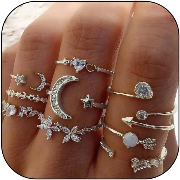 Boho Silver Ring Set for Women Star Moon Flower Stackable Vintage Crystal Knuckle Rings Trendy Christmas Gifts Stocking Stuffers(Gift)